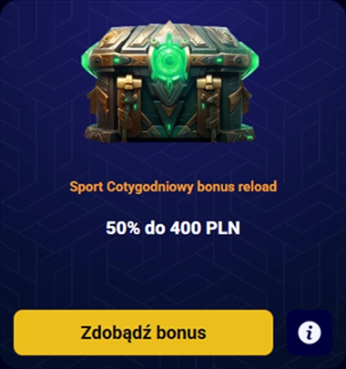 Skrzynia bonusowa z napisem 50% do 400 PLN i przyciskiem "Zdobądź bonus