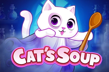 Biały kotek z fioletowymi oczami trzymający łyżkę, logo gry Cat's Soup