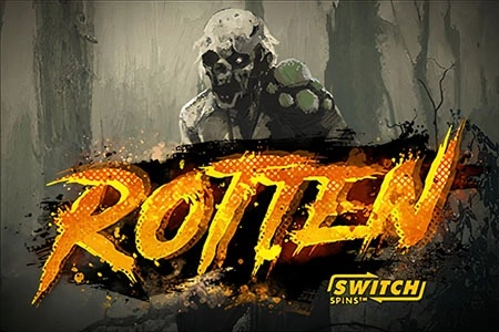 Grafika gry slotowej Rotten z przerażającym zombie i logo Switch Spins